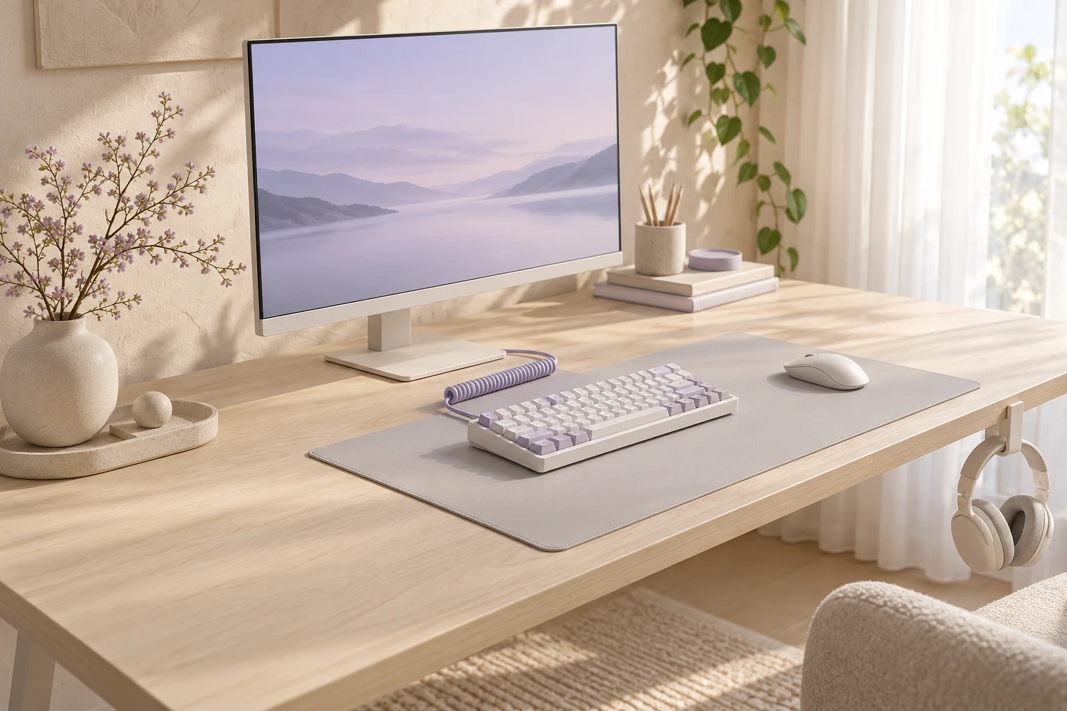 Bureau minimaliste lumineux, clavier blanc et lavande, surface dégagée et casque rangé sous le plateau